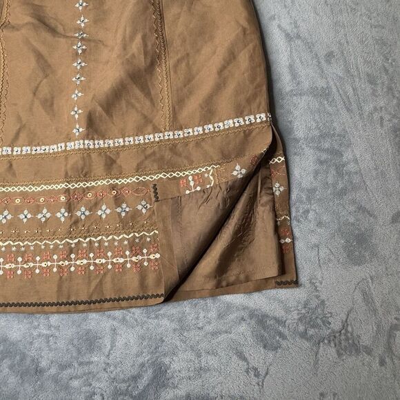 Talbots Sz 16 Linen Silk Blend Light Brown Floral Embroidered Side Slit Skirt - Picture 5 of 13
